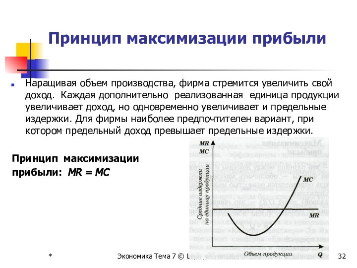 Принцип максимизации прибылиНаращивая объем производства, фирма стремится увеличить свой доход. Каждая дополнительно