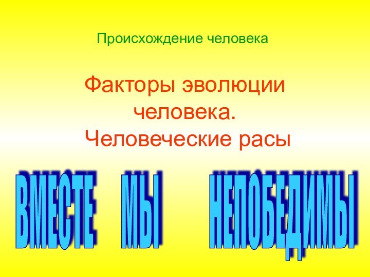 Факторы эволюции человека.  Человеческие расы Происхождение человекаВМЕСТЕ   МЫ