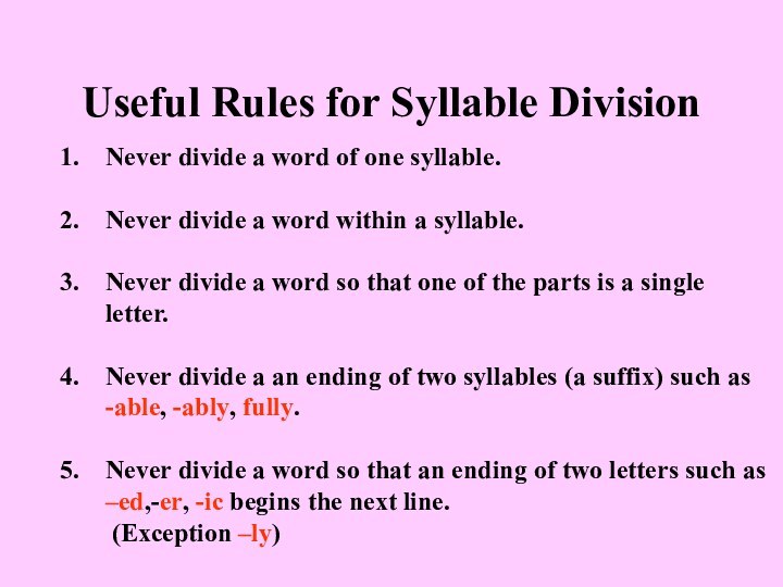 Useful Rules for Syllable DivisionNever divide a word of one syllable.Never divide