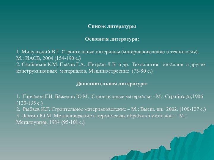 Список литературыОсновная литература:1. Микульский В.Г. Строительные материалы (материаловедение и технология), М.: ИАСВ,