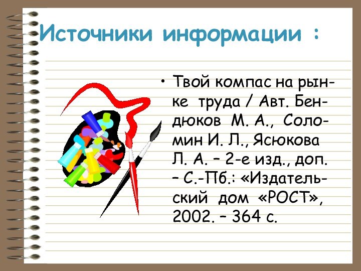 Источники информации :Твой компас на рын-ке труда / Авт. Бен-дюков М. А.,