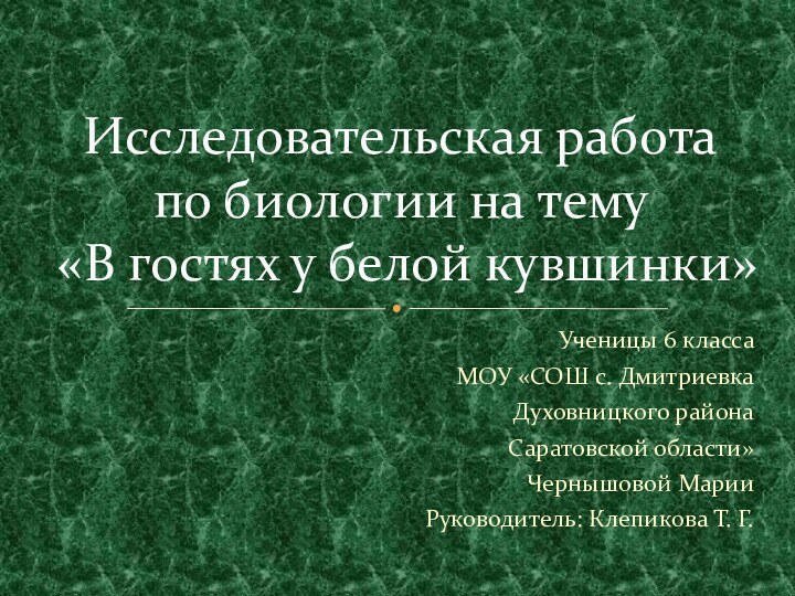 Ученицы 6 класса МОУ «СОШ с. Дмитриевка Духовницкого района Саратовской области»Чернышовой МарииРуководитель: