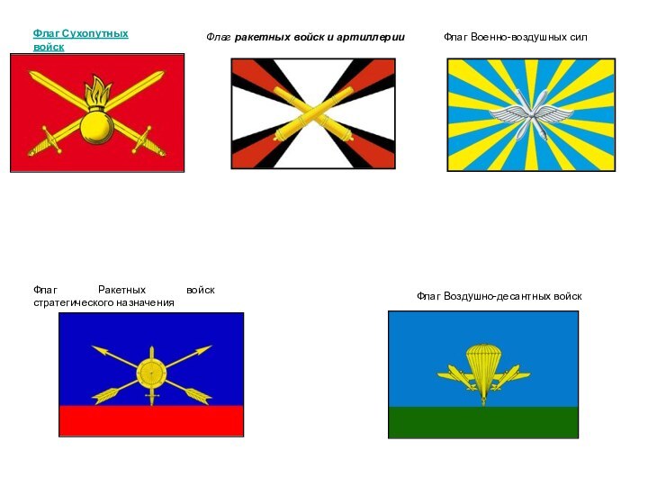 Флаг Воздушно-десантных войск                                               Флаг Военно-воздушных сил                                               Флаг Ракетных войск стратегического назначения                                               Флаг