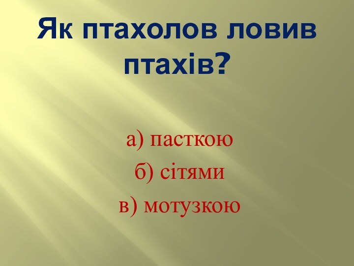 Як птахолов ловив птахів?а) пасткоюб) сітямив) мотузкою