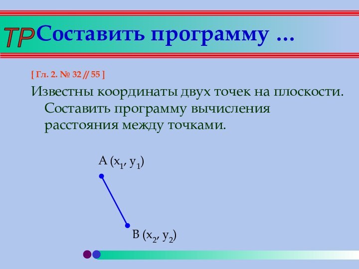 Составить программу …[ Гл. 2. № 32 // 55 ]Известны координаты двух