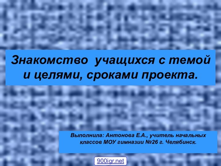 Знакомство учащихся с темой и целями, сроками проекта. Выполнила: Антонова Е.А.,