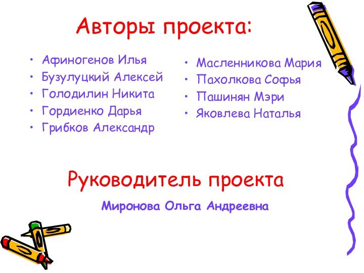 Авторы проекта:Афиногенов ИльяБузулуцкий АлексейГолодилин Никита Гордиенко ДарьяГрибков АлександрМасленникова МарияПахолкова СофьяПашинян МэриЯковлева НатальяРуководитель проектаМиронова Ольга Андреевна