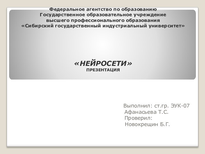 Федеральное агентство по образованию Государственное образовательное учреждение высшего профессионального образования «Сибирский государственный