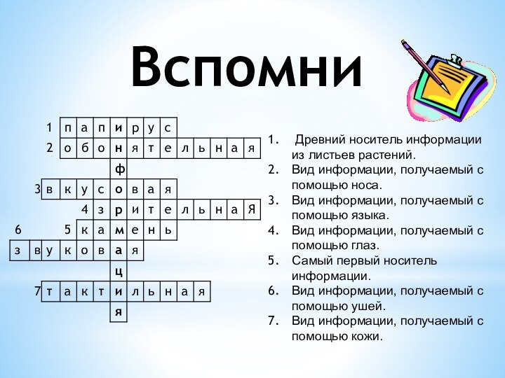 Вспомни Древний носитель информации из листьев растений.Вид информации, получаемый с помощью носа.Вид