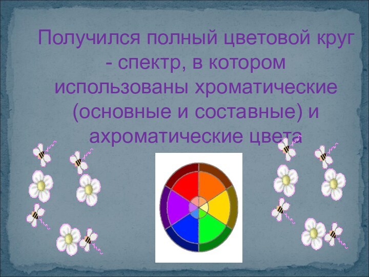 Получился полный цветовой круг - спектр, в котором использованы хроматические (основные и составные) и ахроматические цвета