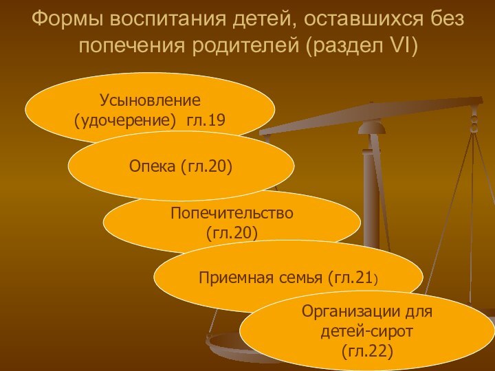 Формы воспитания детей, оставшихся без попечения родителей (раздел VI)Усыновление(удочерение) гл.19Попечительство (гл.20)Опека (гл.20)Приемная семья (гл.21)Организации для детей-сирот(гл.22)