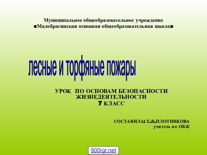 Муниципальное общеобразовательное учреждение «Малобрагинская основная общеобразовательная школа»УРОК ПО ОСНОВАМ БЕЗОПАСНОСТИ ЖИЗНЕДЕЯТЕЛЬНОСТИ7 КЛАСССОСТАВИЛА: