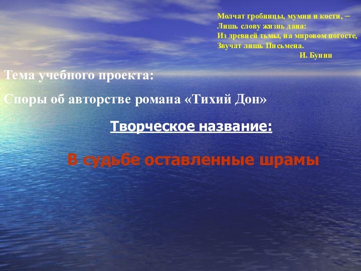 Творческое название: В судьбе оставленные шрамы