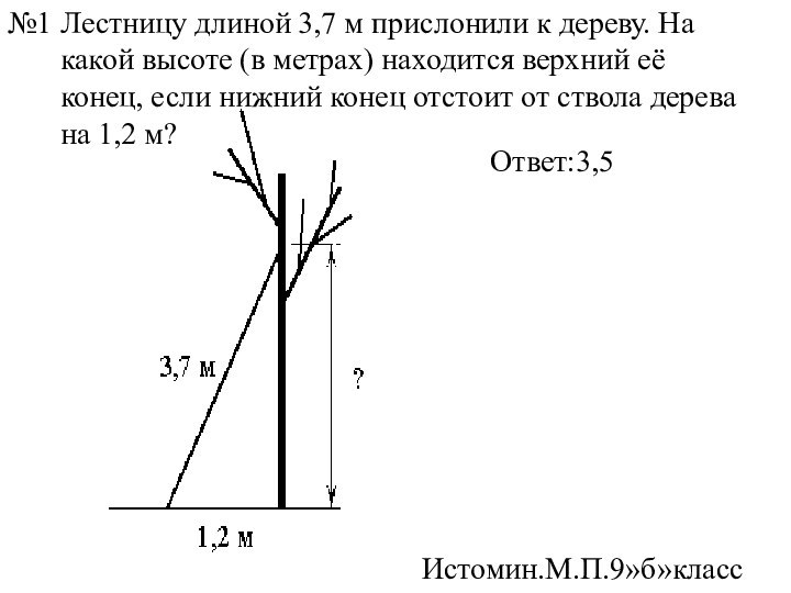 Лестницу длиной 3,7 м прислонили к дереву. На какой высоте (в метрах) находится верхний