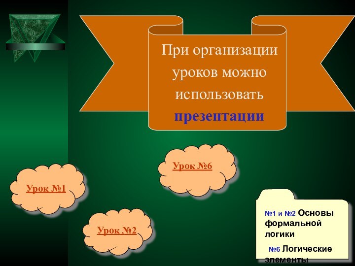 При организации уроков можно использоватьпрезентации№1 и №2 Основы формальной логики №6 Логические