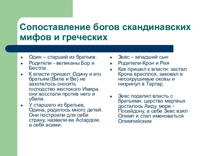 Сопоставление богов скандинавских мифов и греческих Один – старший из братьев.Родители -