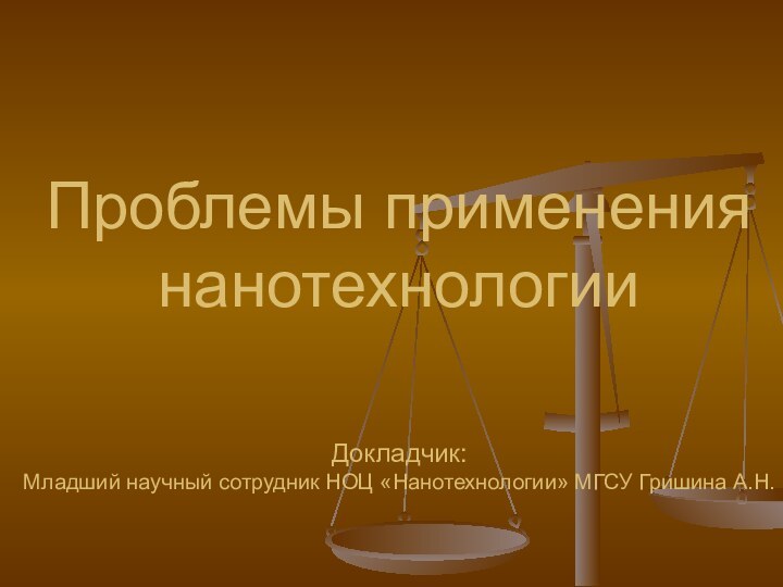 Проблемы применения нанотехнологии    Докладчик: Младший научный сотрудник НОЦ «Нанотехнологии» МГСУ Гришина А.Н.