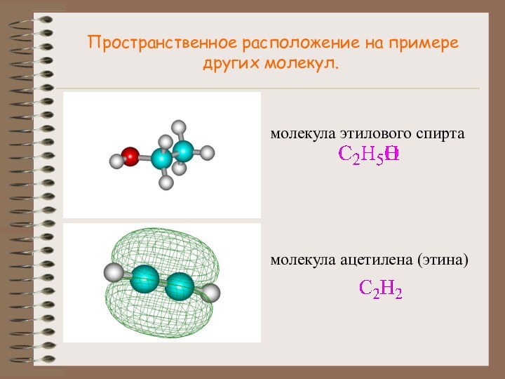 Пространственное расположение на примере других молекул.молекула этилового спиртамолекула ацетилена (этина)