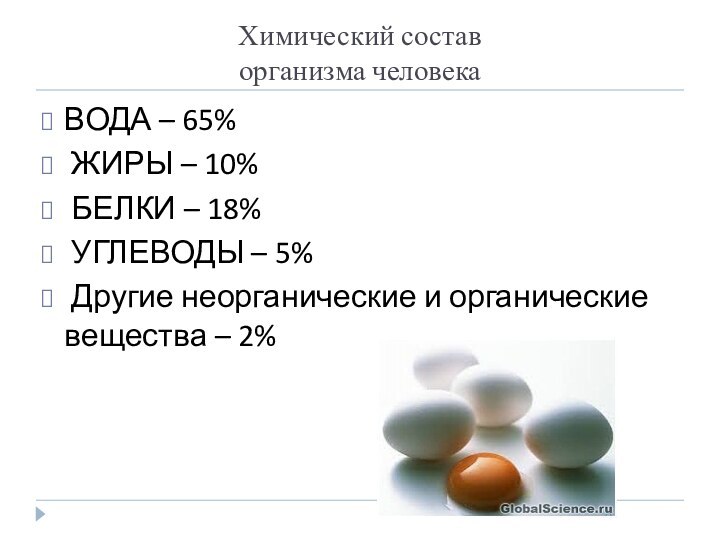 Химический состав организма человекаВОДА – 65% ЖИРЫ – 10% БЕЛКИ – 18%