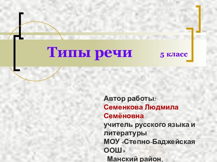 Типы речи Автор работы: Семенкова Людмила Семёновна учитель русского языка и литературыМОУ