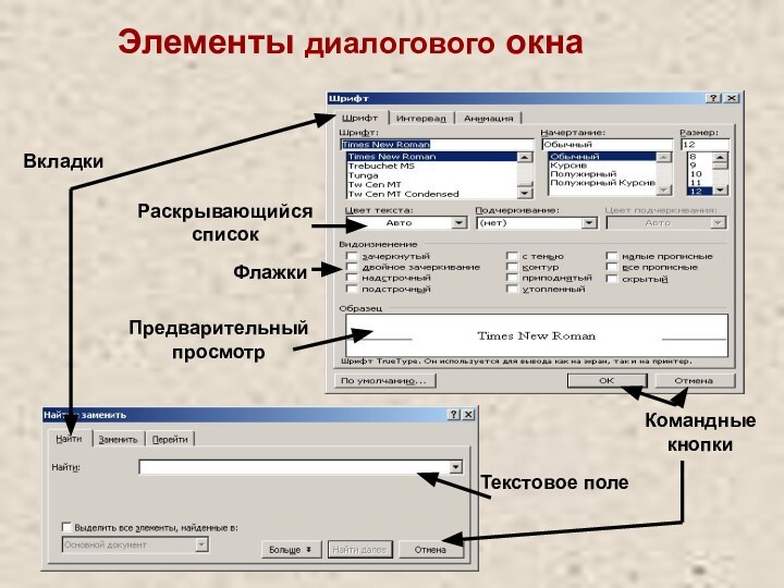 Элементы диалогового окнаТекстовое полеФлажкиПредварительный просмотрКомандные кнопкиВкладки Раскрывающийся список