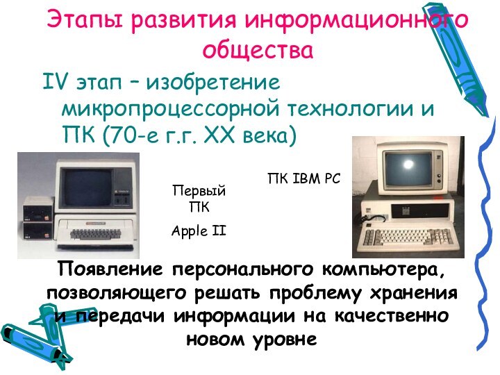 Этапы развития информационного обществаIV этап – изобретение микропроцессорной технологии и ПК (70-е