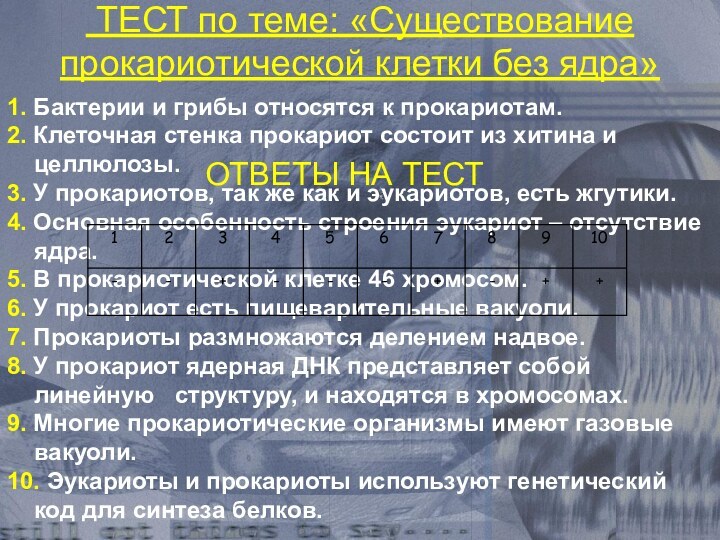 ТЕСТ по теме: «Существование прокариотической клетки без ядра» 1. Бактерии и