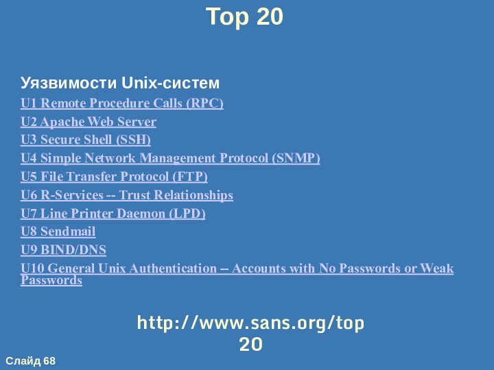 Top 20Уязвимости Unix-системU1 Remote Procedure Calls (RPC) U2 Apache Web Server U3