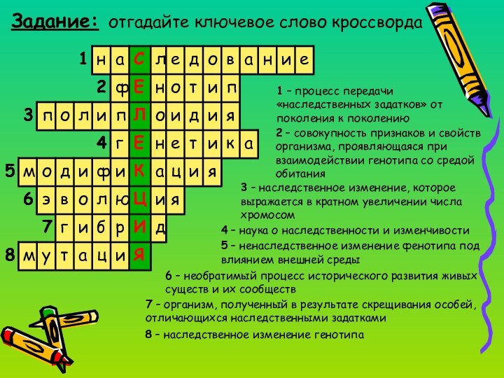Задание: отгадайте ключевое слово кроссворда8 – наследственное изменение генотипа 1 – процесс