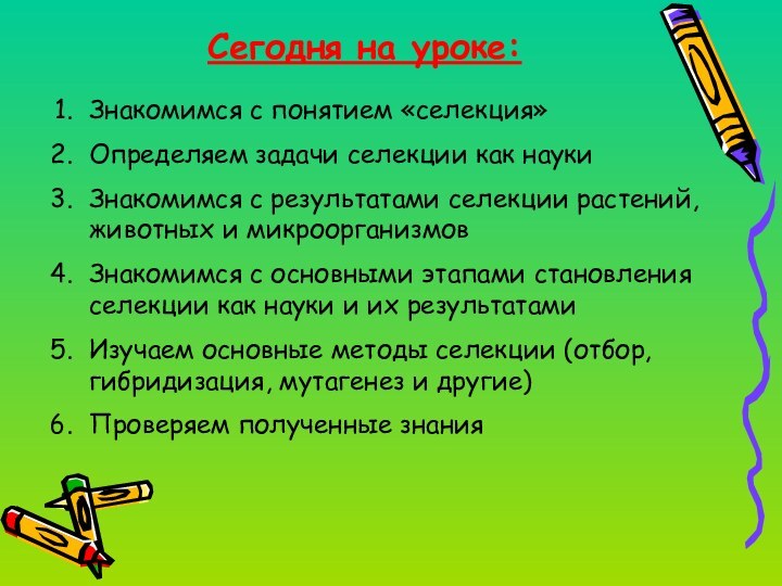 Сегодня на уроке:Знакомимся с понятием «селекция»Определяем задачи селекции как наукиЗнакомимся с результатами