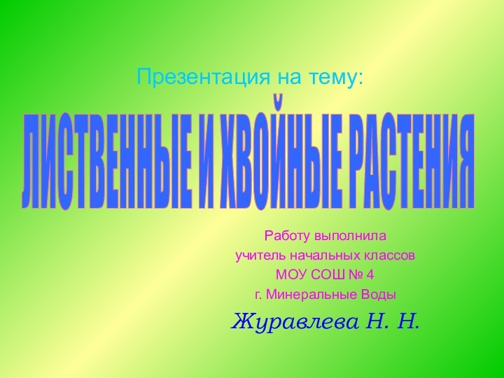 Презентация на тему:Работу выполнилаучитель начальных классовМОУ СОШ № 4г. Минеральные ВодыЖуравлева Н. Н.ЛИСТВЕННЫЕ И ХВОЙНЫЕ РАСТЕНИЯ