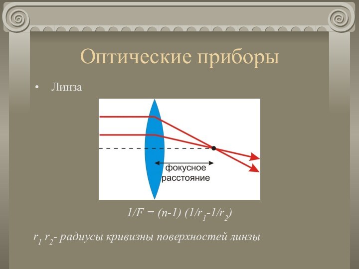 Оптические приборыЛинза1/F = (n-1) (1/r1-1/r2)r1 r2- радиусы кривизны поверхностей линзы