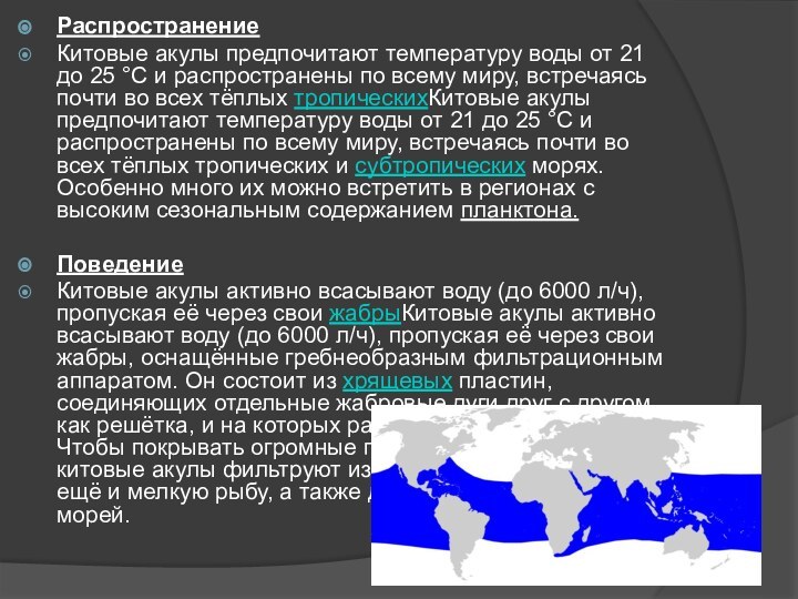 РаспространениеКитовые акулы предпочитают температуру воды от 21 до 25 °C и распространены