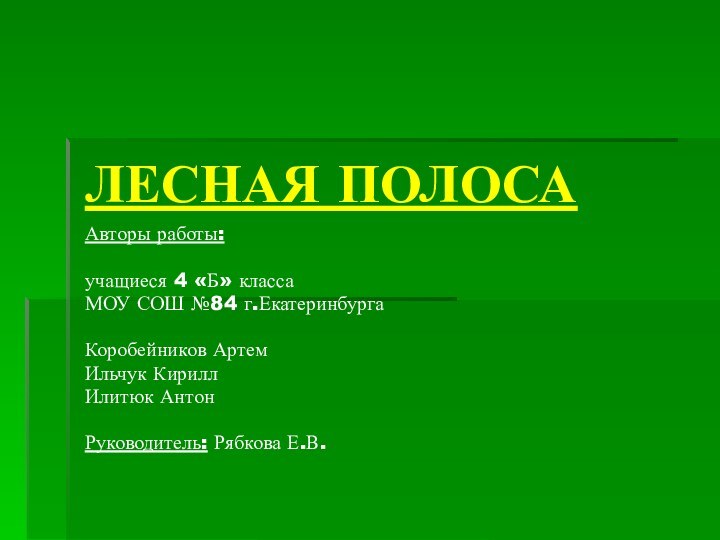 ЛЕСНАЯ ПОЛОСА Авторы работы:учащиеся 4 «Б» классаМОУ СОШ №84 г.ЕкатеринбургаКоробейников АртемИльчук КириллИлитюк Антон Руководитель: Рябкова Е.В.