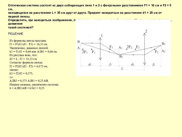 Оптическая система состоит из двух собирающих линз 1 и 2 с фокусными