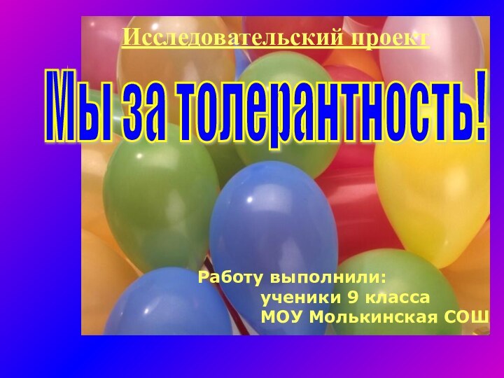 Мы за толерантность!   Исследовательский проект Работу выполнили: