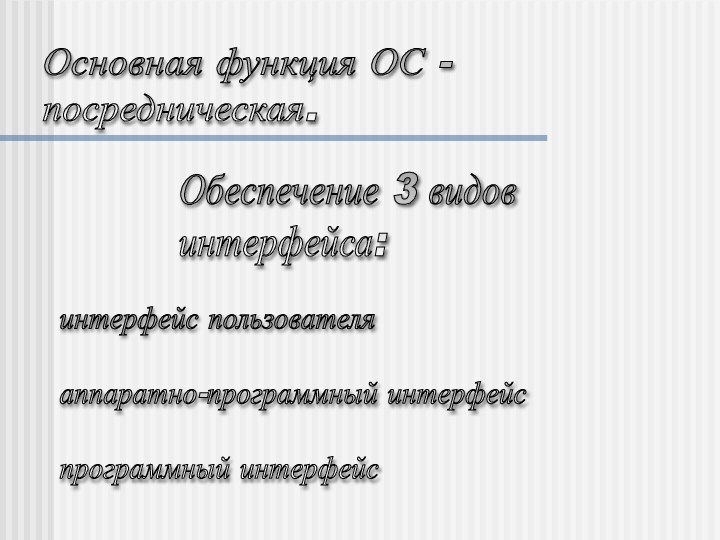 Основная функция ОС -  посредническая.Обеспечение 3 видов  интерфейса:интерфейс пользователя