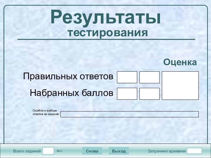 Всего заданийЗатрачено времениСноваВыходРезультаты  тестирования бал.Правильных ответовНабранных балловОценкаОшибки в выборе ответов на задания: