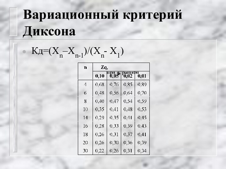 Вариационный критерий Диксона Кд=(Хn–Хn-1)/(Хn- Х1)