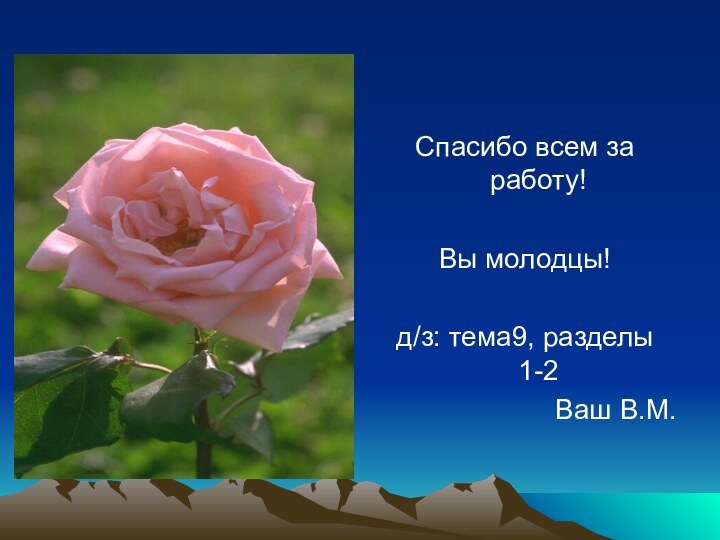 Спасибо всем за работу!Вы молодцы!д/з: тема9, разделы 1-2Ваш В.М.