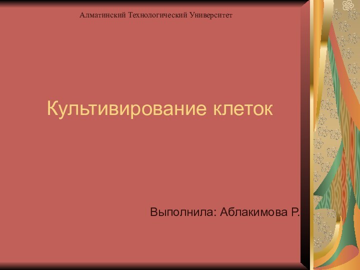 Культивирование клетокВыполнила: Аблакимова Р. Алматинский Технологический Университет