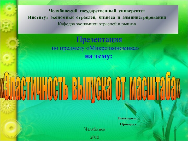 Челябинский государственный университетИнститут экономики отраслей, бизнеса и администрирования Кафедра экономики отраслей и