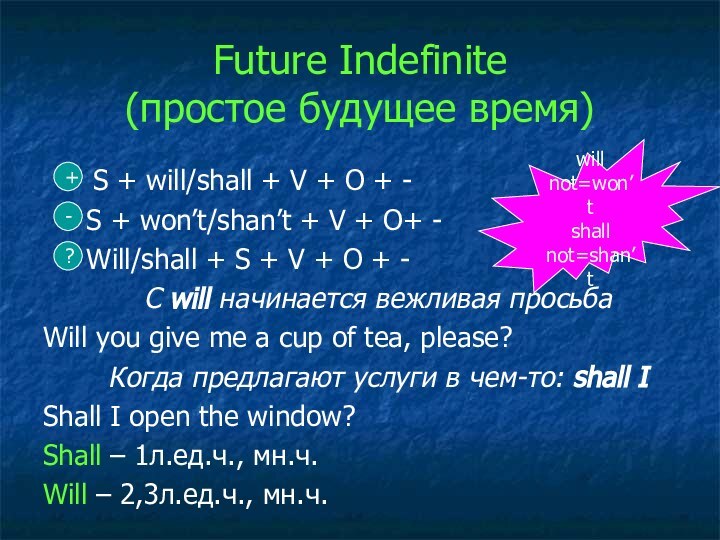 Future Indefinite (простое будущее время)   S + will/shall + V
