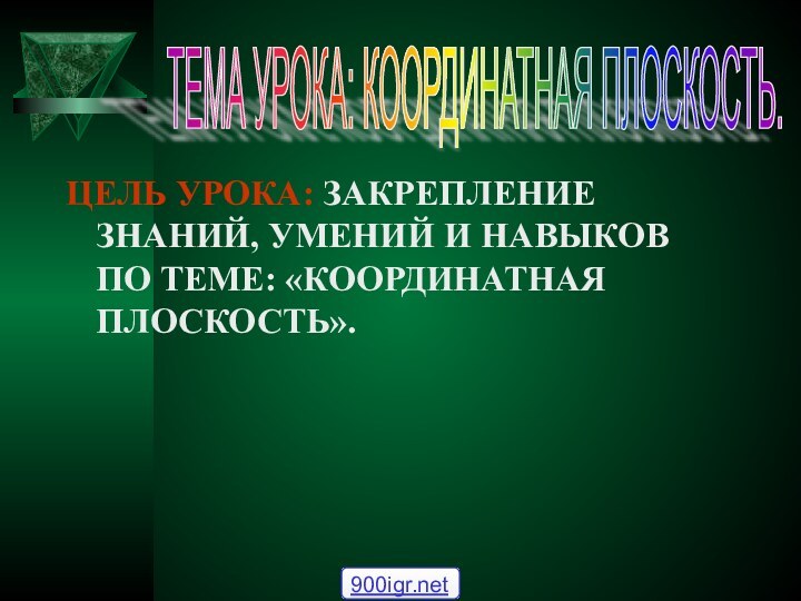 ЦЕЛЬ УРОКА: ЗАКРЕПЛЕНИЕ ЗНАНИЙ, УМЕНИЙ И НАВЫКОВ ПО ТЕМЕ: «КООРДИНАТНАЯ ПЛОСКОСТЬ».ТЕМА УРОКА: КООРДИНАТНАЯ ПЛОСКОСТЬ.