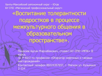 Воспитание толерантности подростков в процессе межкультурного общения в образовательном пространстве