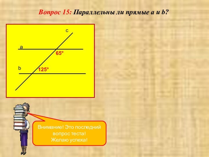 Вопрос 15: Параллельны ли прямые a и b?abc65°125°Внимание! Это последний вопрос теста!Желаю успеха!