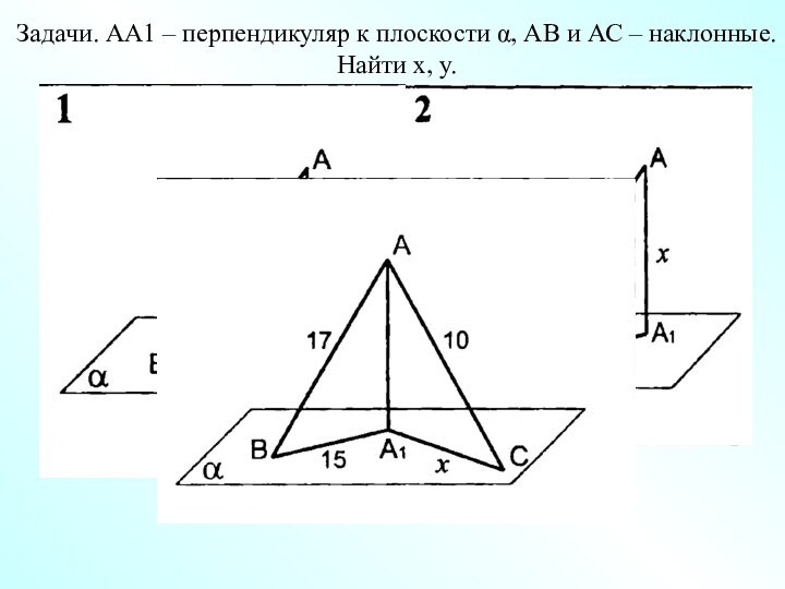 Задачи. АА1 – перпендикуляр к плоскости α, АВ и АС – наклонные. Найти х, у.