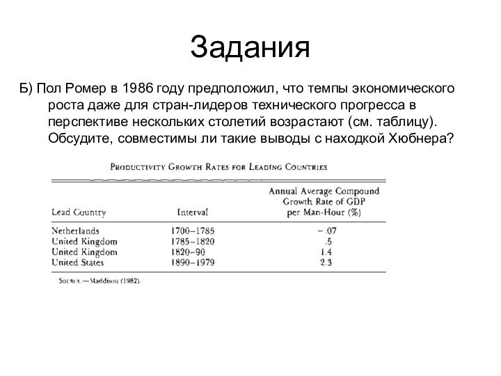 ЗаданияБ) Пол Ромер в 1986 году предположил, что темпы экономического роста даже