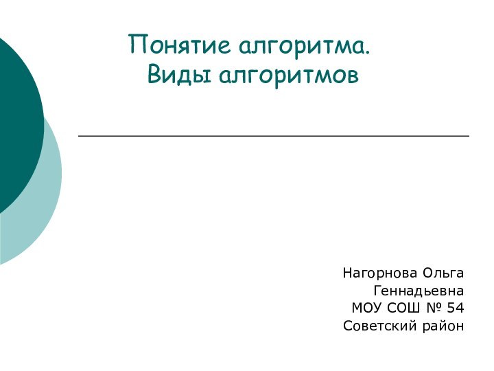 Понятие алгоритма.  Виды алгоритмовНагорнова Ольга ГеннадьевнаМОУ СОШ № 54Советский район