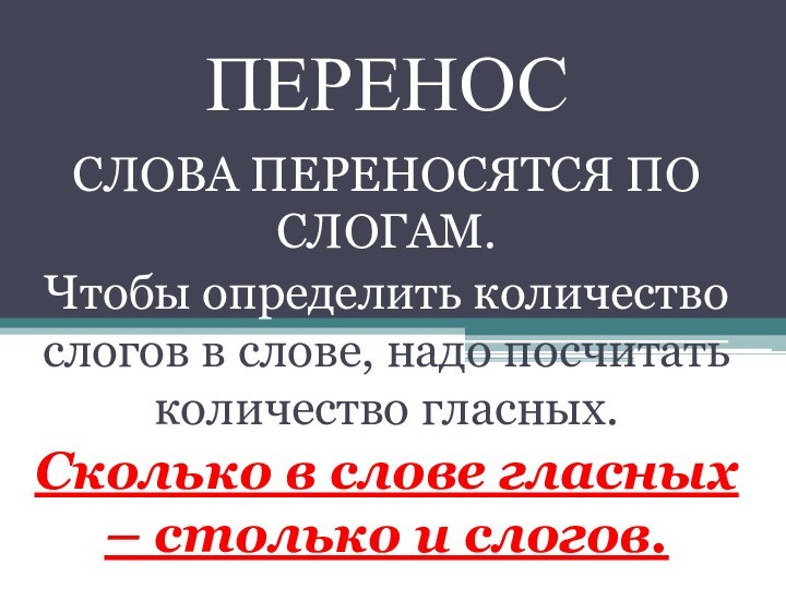 ПЕРЕНОССЛОВА ПЕРЕНОСЯТСЯ ПО СЛОГАМ.Чтобы определить количество слогов в слове, надо посчитать количество